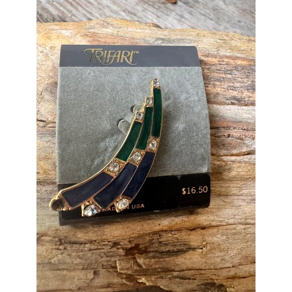 Vintage Trifari Made In USA Green & Blue Enamel Brooch With Rhinestones 4414 - Picture 5 of 5